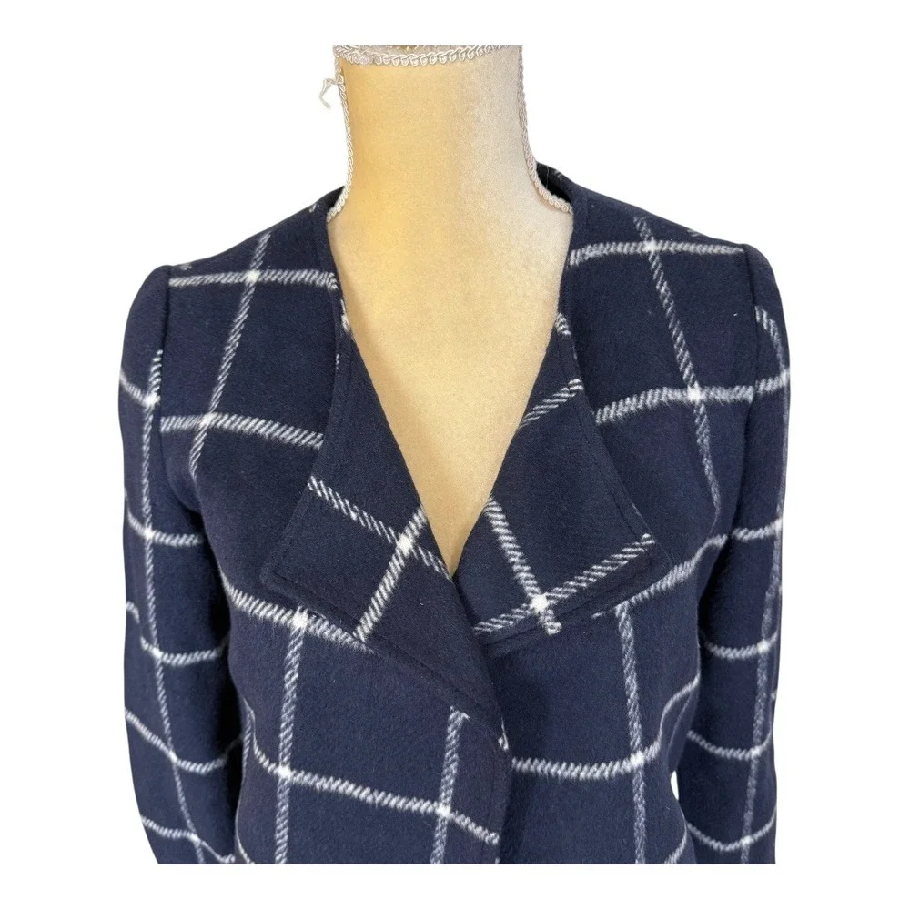 LE LIS Navy White Window Pane Plaid Open Front‎ Blazer Jacket Womens Small